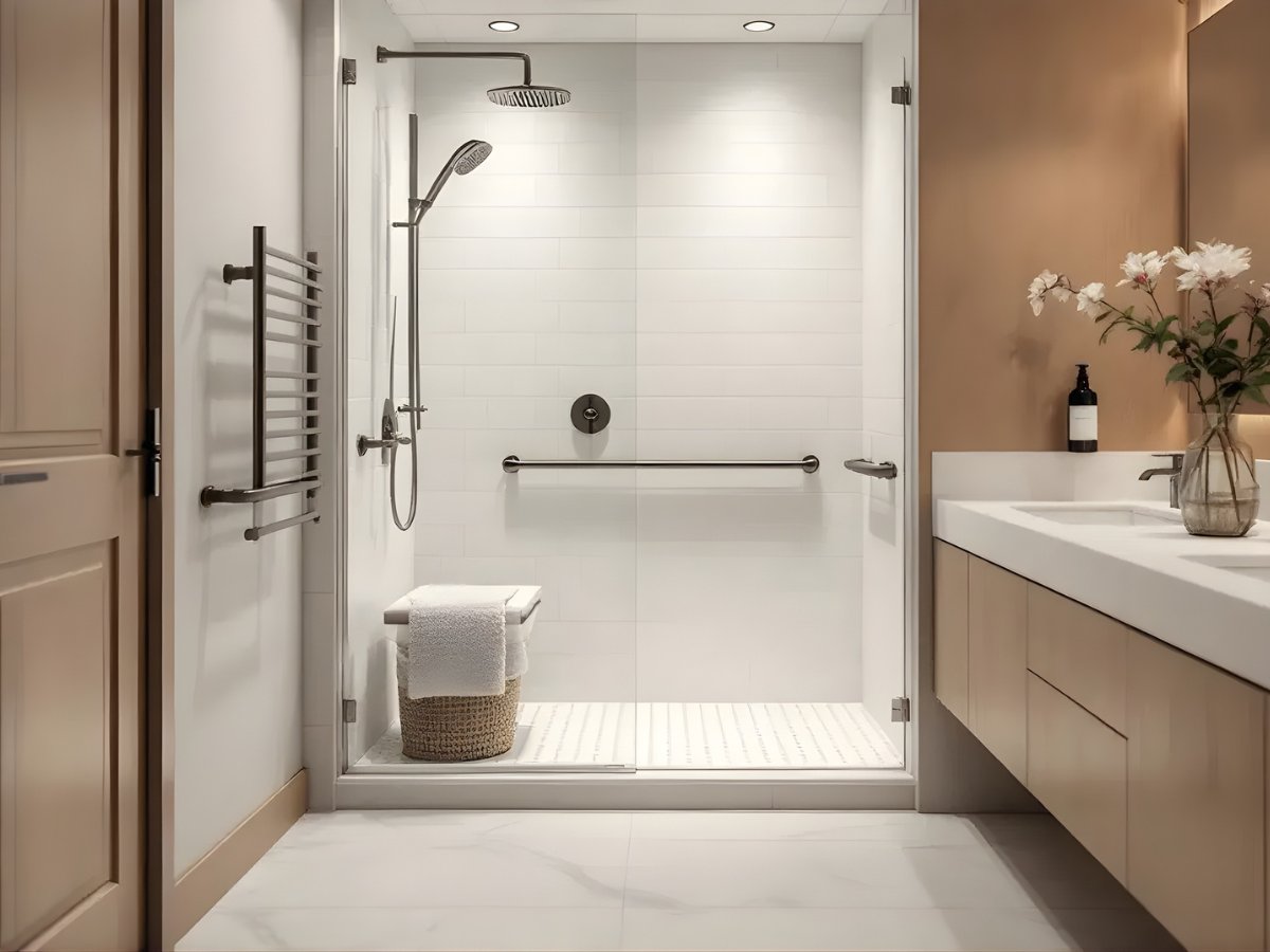 Accessible walk-in shower with grab bars and bench — Advanced Cabinetry Inc.