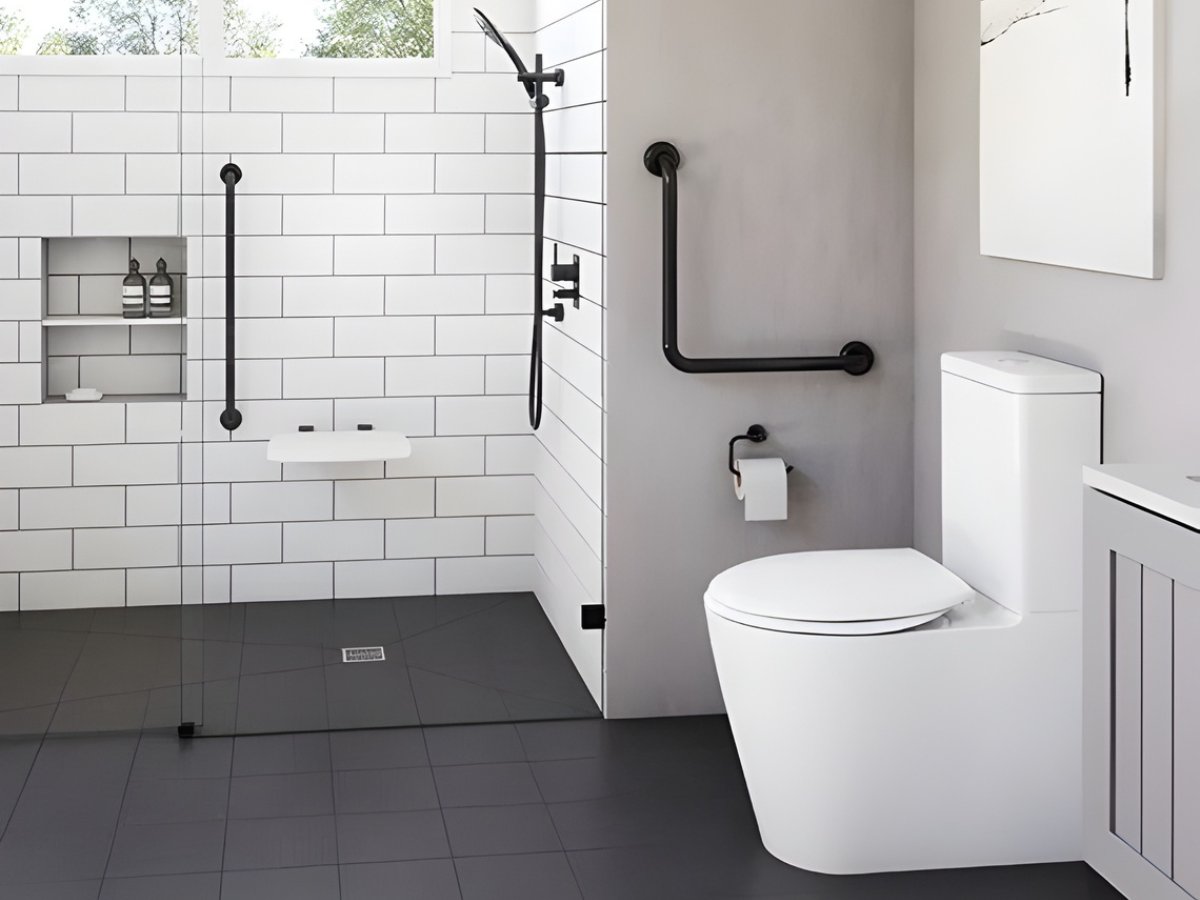 Accessible bathroom with walk-in shower and grab bars — Advanced Cabinetry Inc.