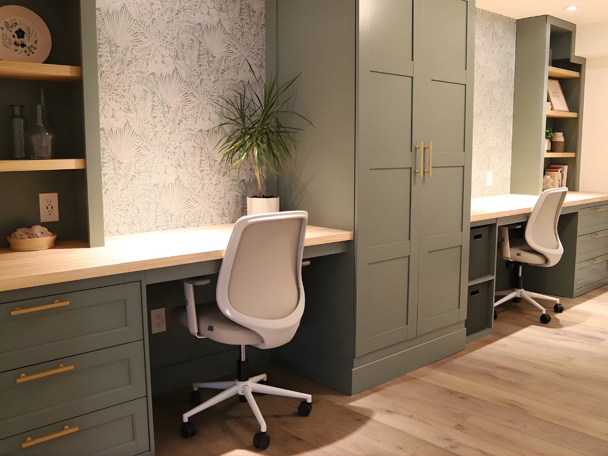 Basement home office with sage green built-in cabinets and dual desks
