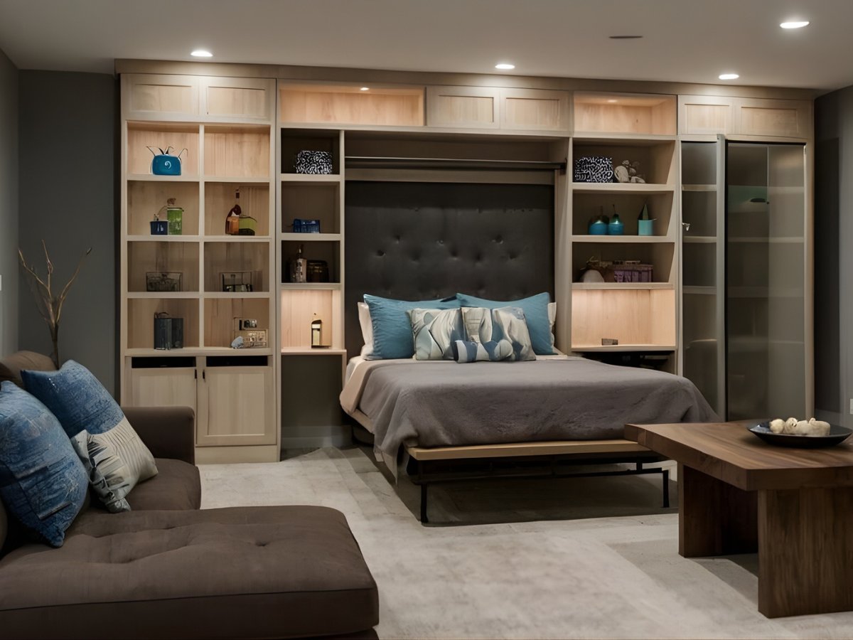 Finished basement guest suite with murphy bed and built-in shelving
