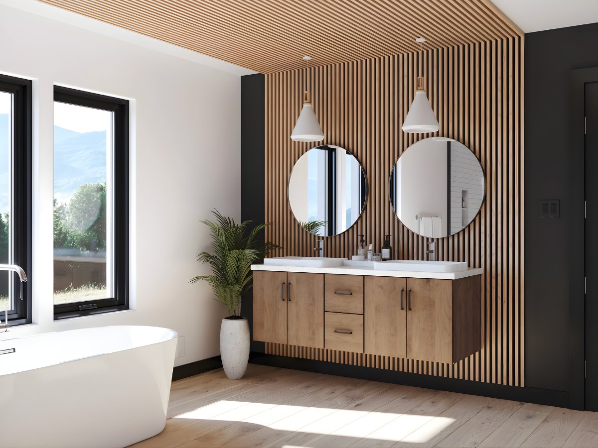 Modern floating wood vanity — Advanced Cabinetry Inc.
