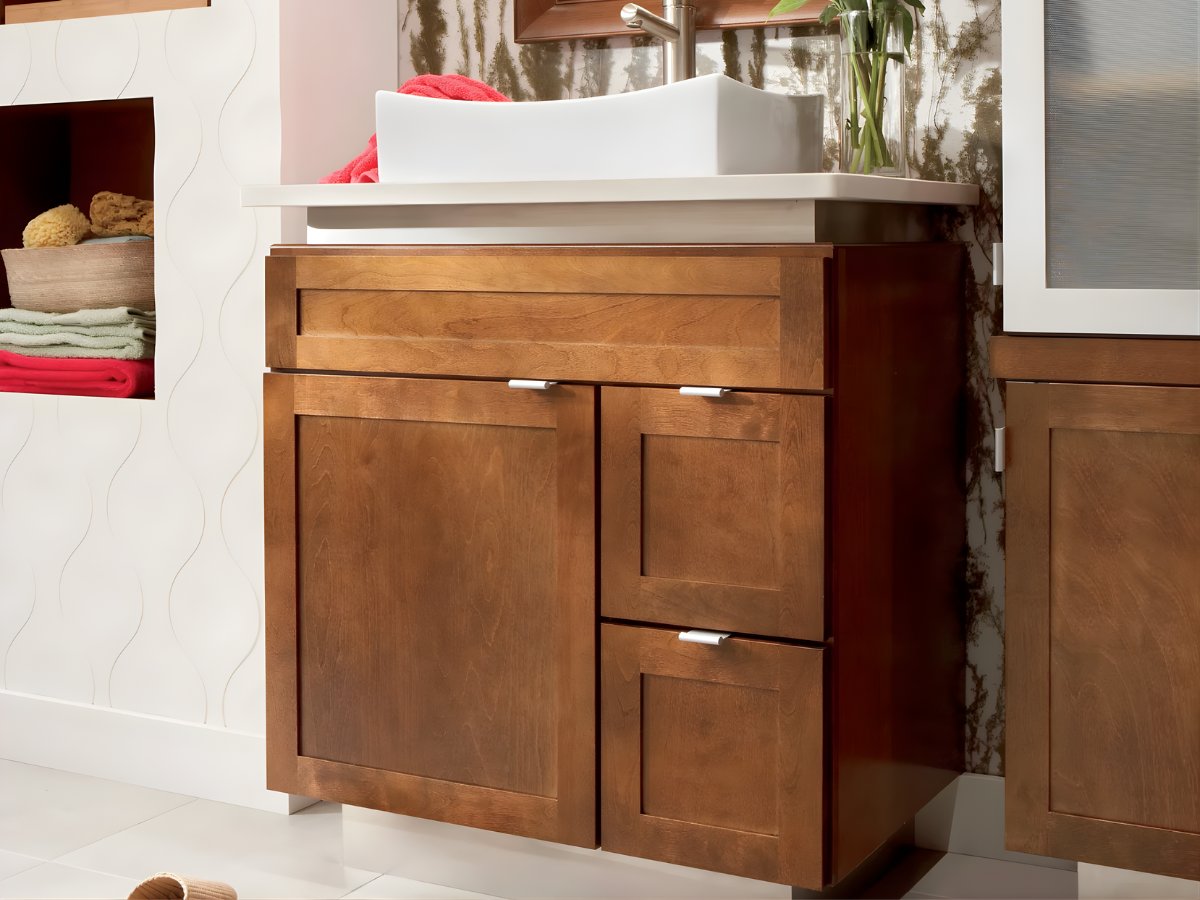 Warm wood bathroom vanity with vessel sink — Advanced Cabinetry Inc.