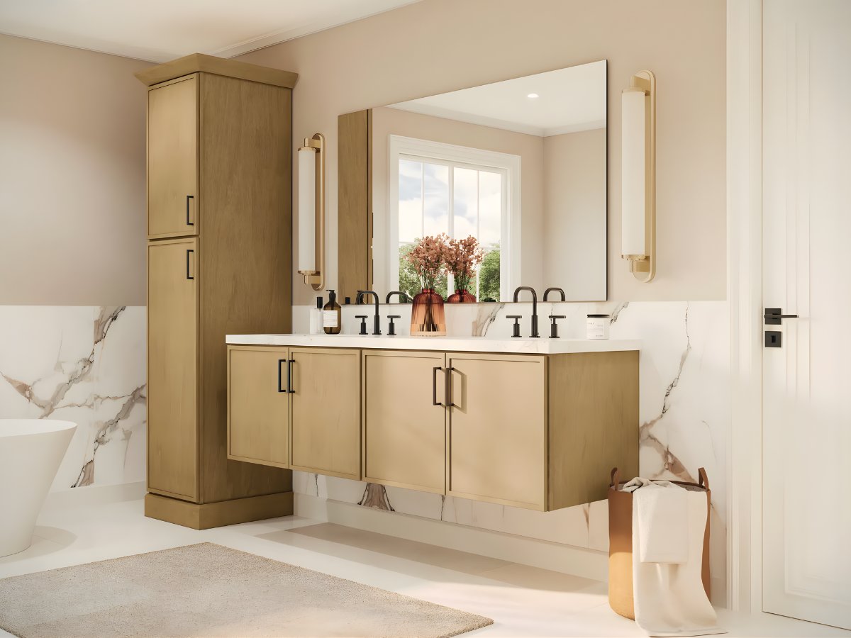 Warm gold bathroom vanity with storage tower — Advanced Cabinetry Inc.