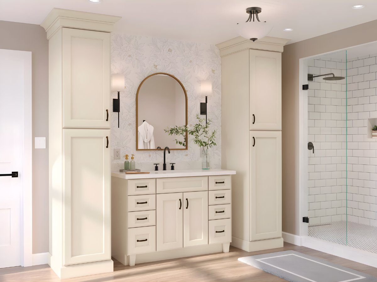White bathroom vanity with walk-in shower — Advanced Cabinetry Inc.