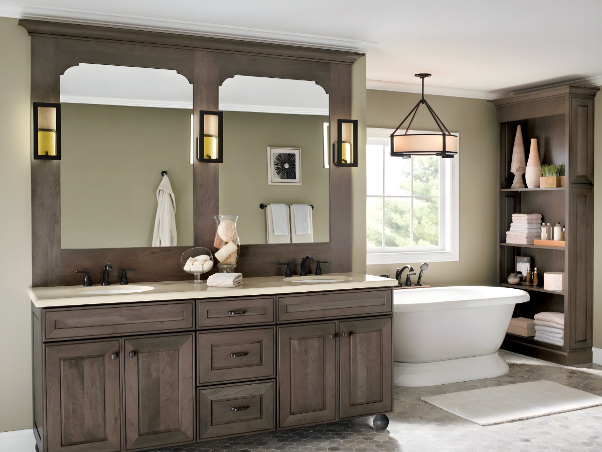 Dark wood master bathroom with freestanding tub — Advanced Cabinetry Inc.