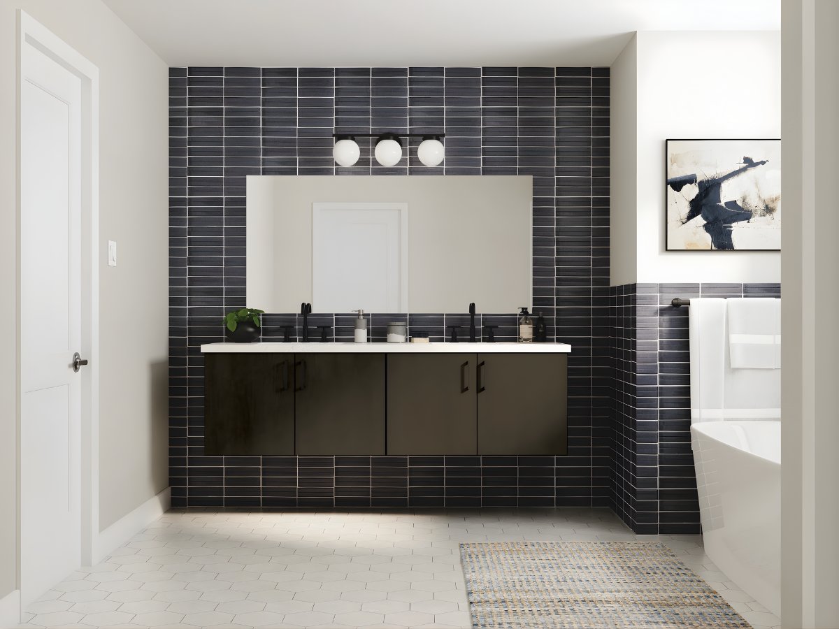 Black tile bathroom with floating vanity — Advanced Cabinetry Inc.