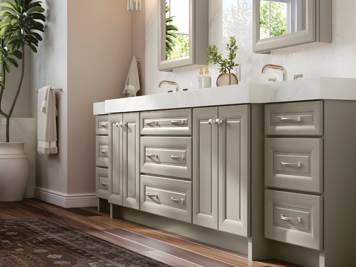 Sage green bathroom vanity with quartz countertop — Advanced Cabinetry Inc.
