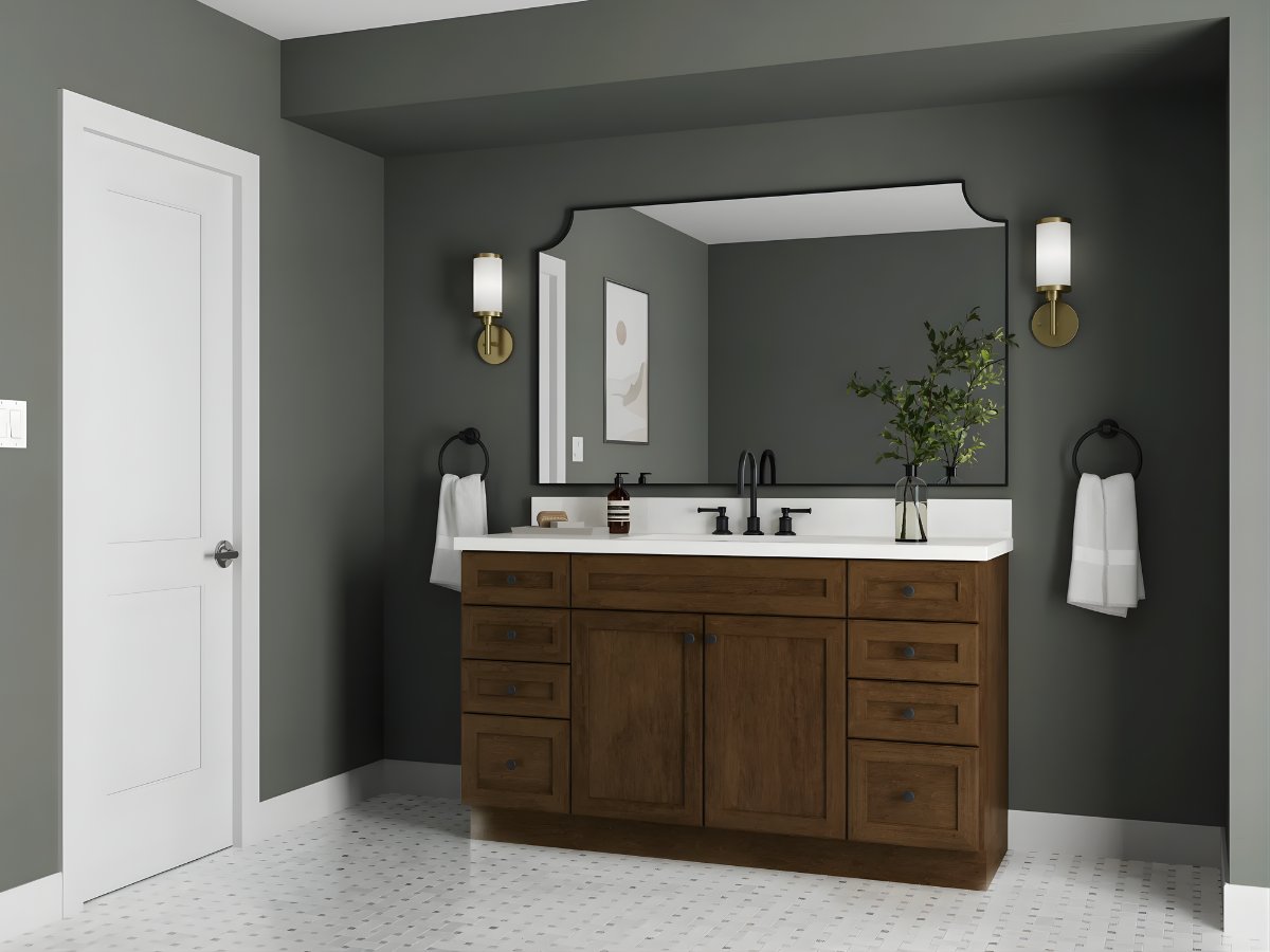 Walnut bathroom vanity with sage green walls — Advanced Cabinetry Inc.