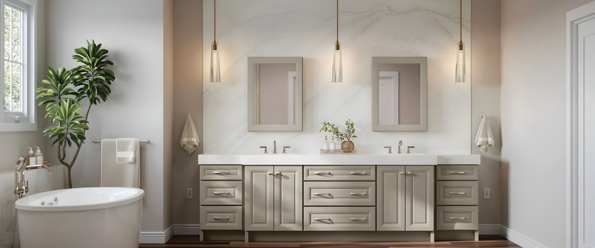 Luxury bathroom vanity with gray cabinets and marble backsplash — Advanced Cabinetry Inc. Auburn Hills MI
