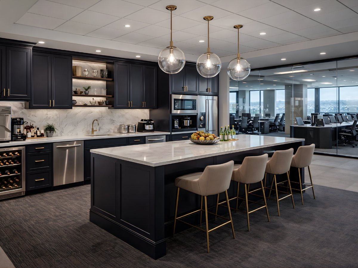Commercial office kitchenette with dark cabinetry and marble countertops — Advanced Cabinetry Inc.