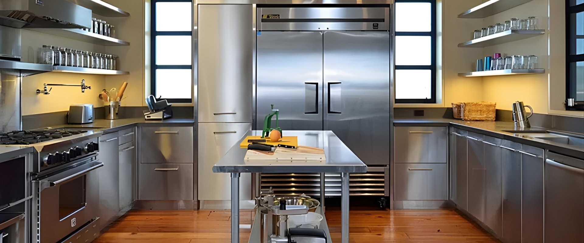 Stainless steel commercial kitchen build-out with professional-grade cabinetry and prep surfaces — Advanced Cabinetry Inc. Auburn Hills MI
