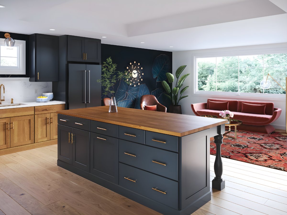 Two-tone kitchen with butcher block island and marble countertops — Advanced Cabinetry Inc.
