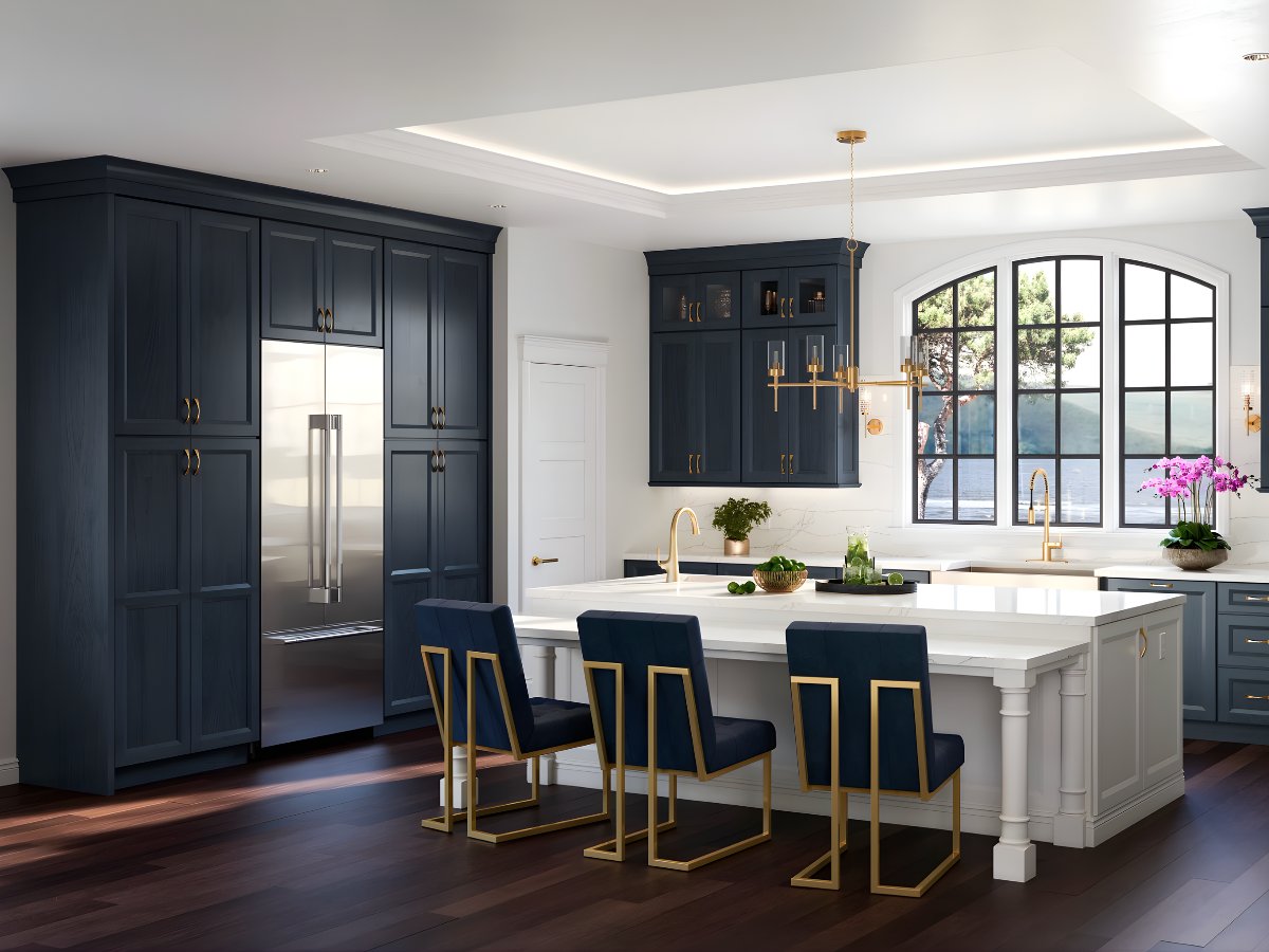 Navy blue kitchen cabinets with gold hardware — Advanced Cabinetry Inc.