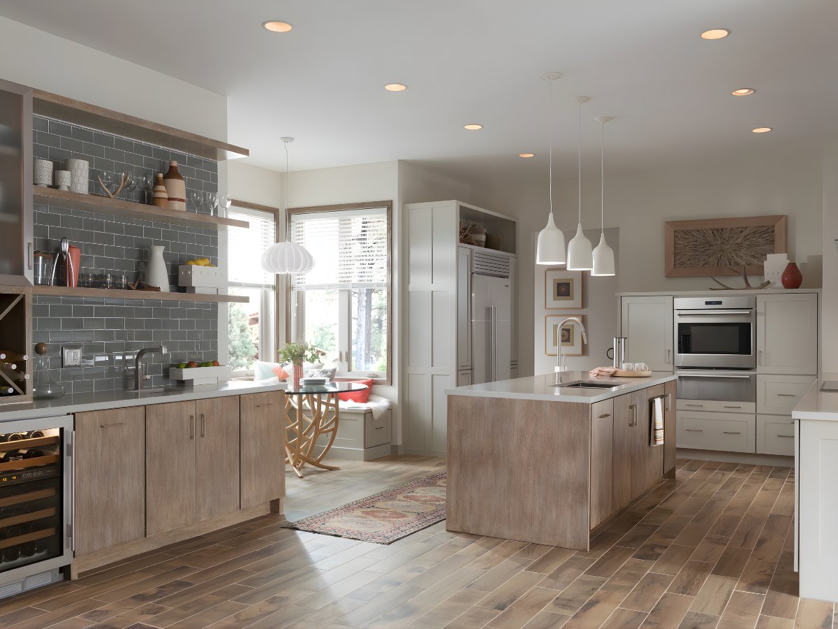 Contemporary kitchen with gray tile backsplash — Advanced Cabinetry Inc.