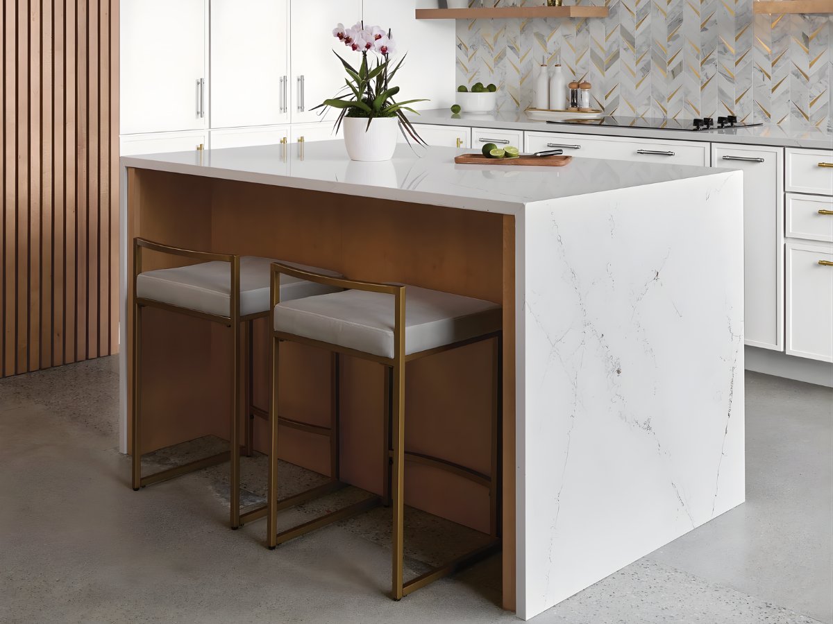 Quartz countertop with marble veining — Advanced Cabinetry Inc.