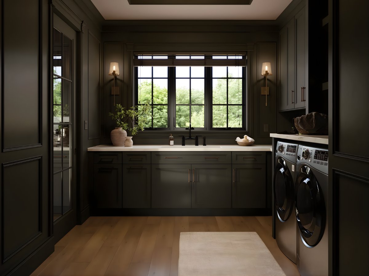Dark green laundry room cabinets — Advanced Cabinetry Inc.