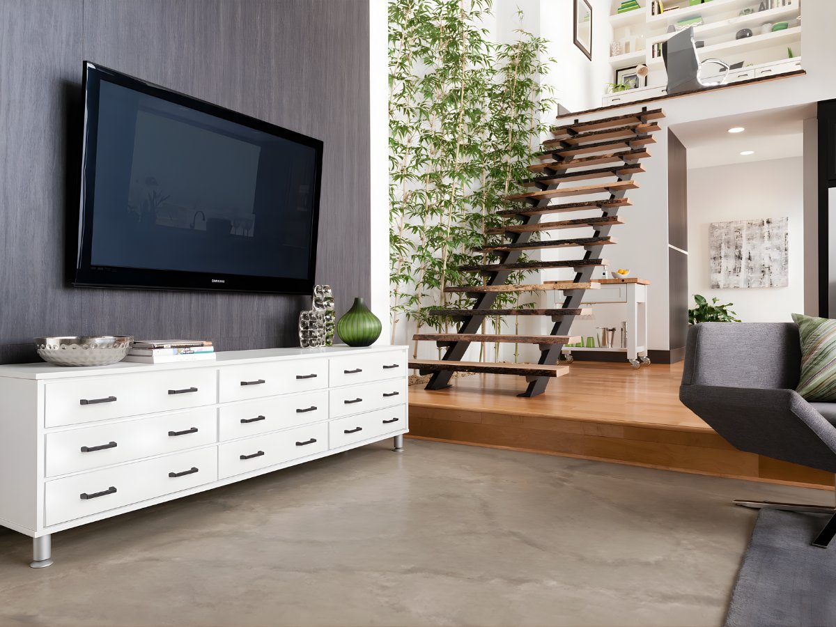 Media wall with TV and white cabinetry — Advanced Cabinetry Inc.